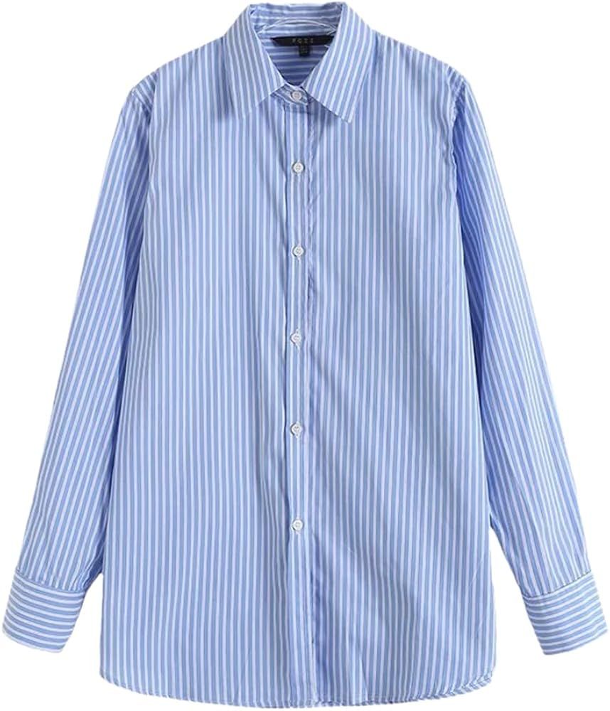 Autumn Long Sleeve Stripe Poplin Blouse Simple Casual Lapel Loose Shirt Tops Women | Amazon (US)