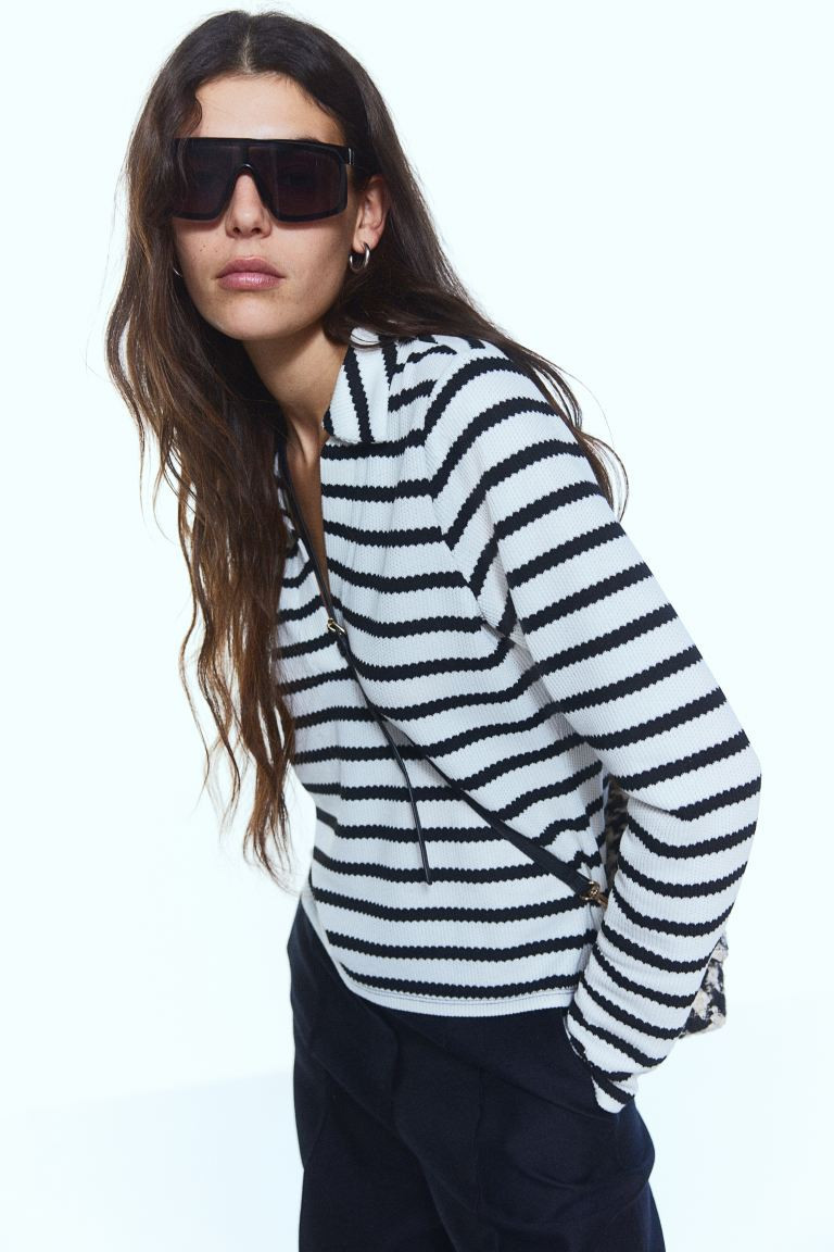 Collared jersey top - White/Striped - Ladies | H&M GB | H&M (UK, MY, IN, SG, PH, TW, HK)