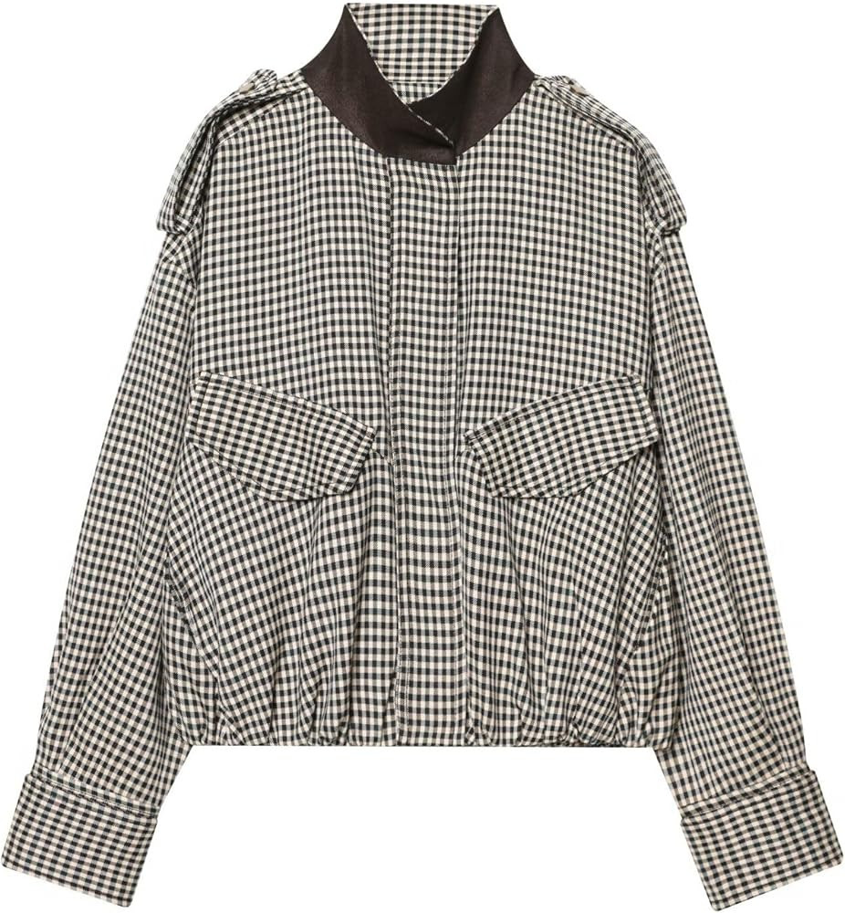 Xunger Women\u2019s Plaid Bomber Jacket High Neck Color Block Coat Casual Long Sleeve Streetwear ... | Amazon (US)