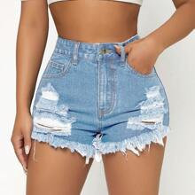 Ripped Raw Hem Denim Shorts | SHEIN