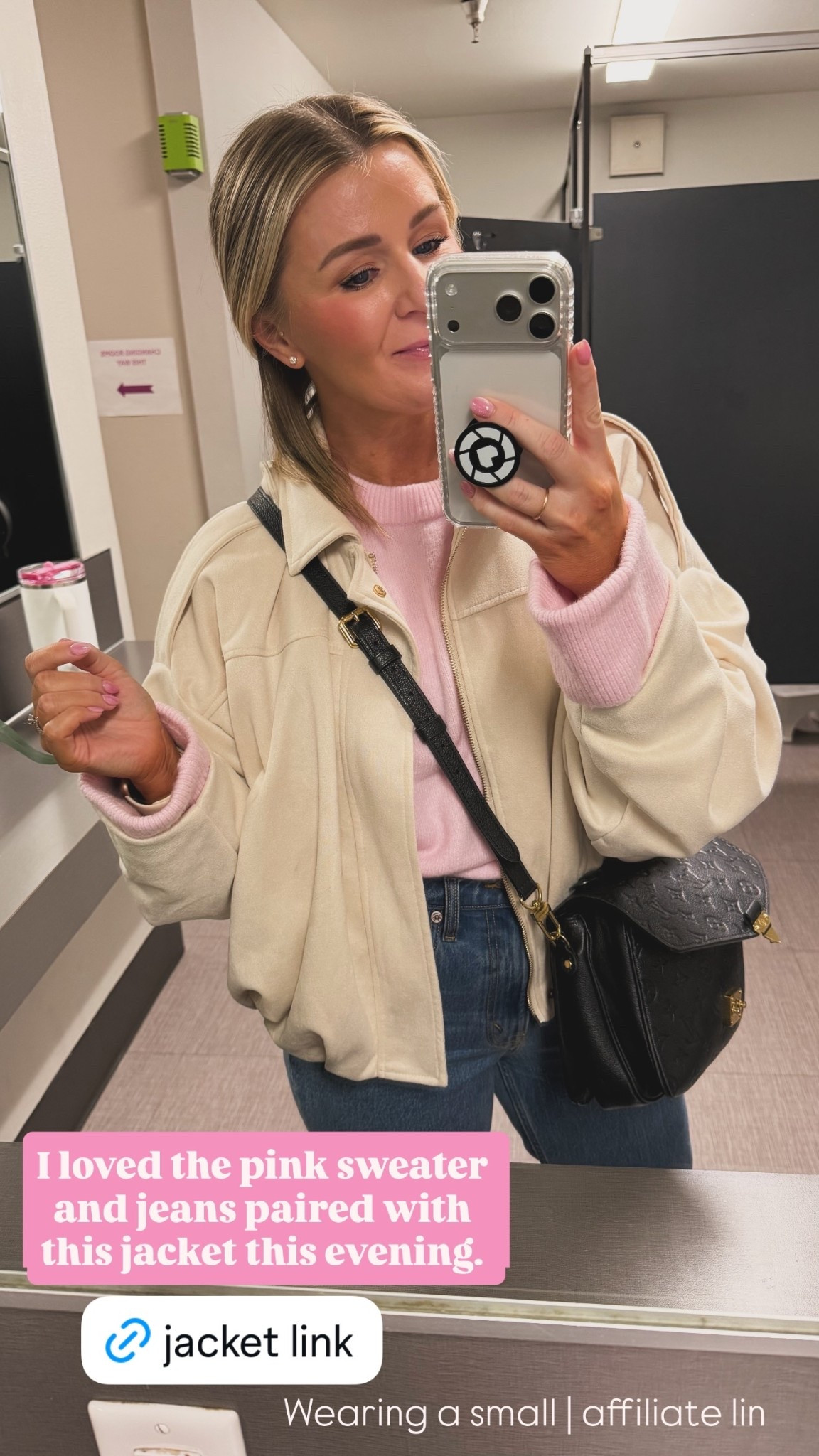 I loved the pink sweater and jeans paired with this jacket this evening.  Wearing a small | affiliate lin