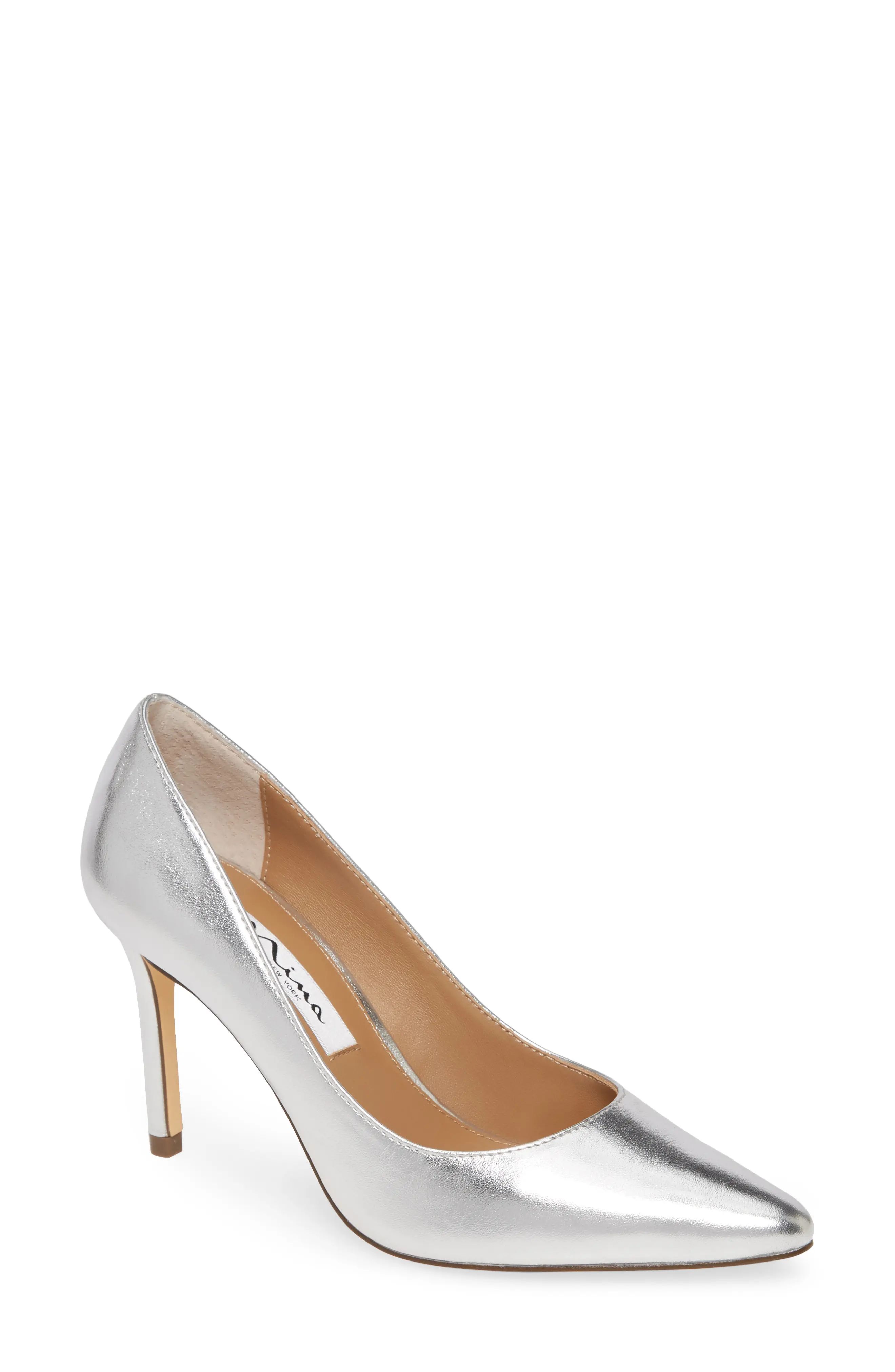 Nina 85 Pointy Toe Pump in Silver Fabric at Nordstrom | Nordstrom