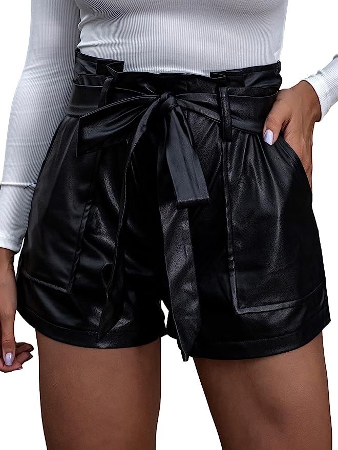 Floerns Women's Casual Belted Wide Leg High Waisted Leather Shorts with Pocket | Amazon (US)
