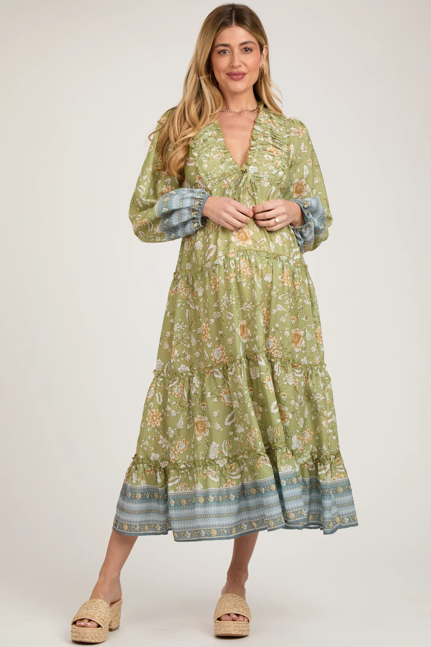 Light Green Floral Deep V-Neck Long Sleeve Maternity Midi Dress | PinkBlush Maternity