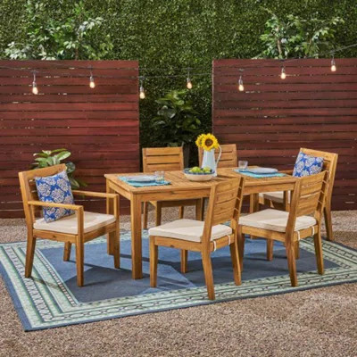 Outdoor 6-Seater Acacia Wood Expandable Dining Set with Cushions,Sandblasted Natural and Beige | Wayfair North America