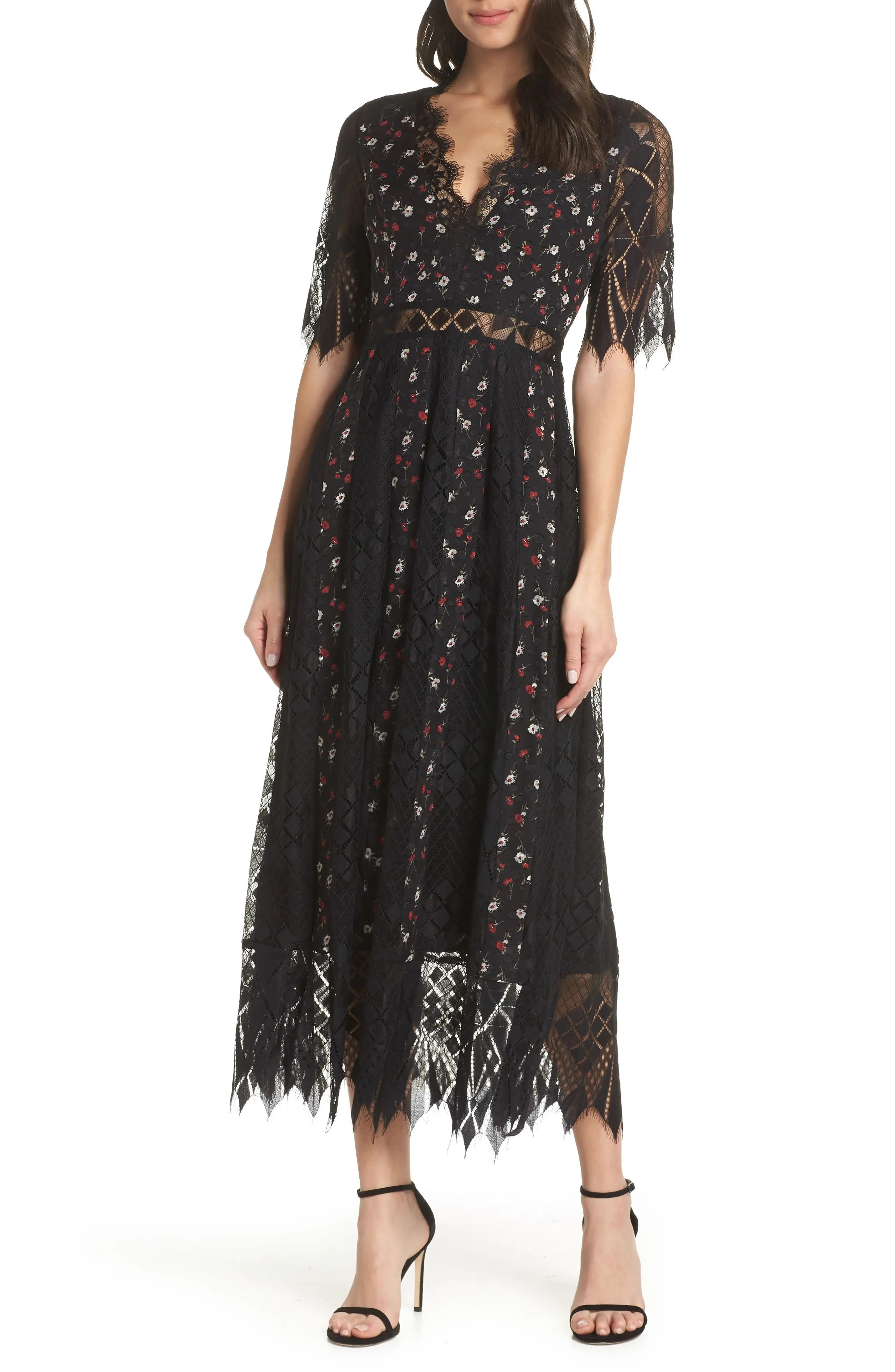 Women's Foxiedox Josefine Lace & Clip Dot Tea Length Dress, Size X-Small - Black | Nordstrom