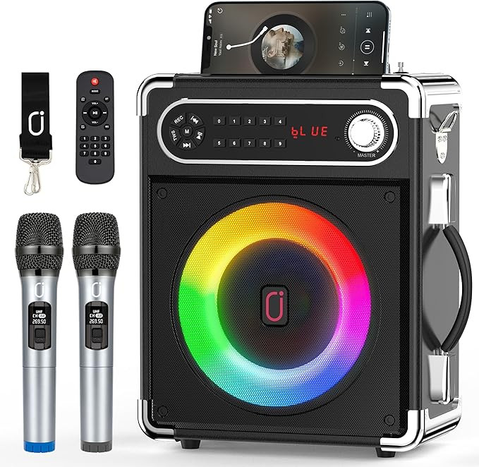 JYX Karaoke Machine with Two Wireless Microphones, Portable Bluetooth Speaker with Bass/Treble Ad... | Amazon (US)