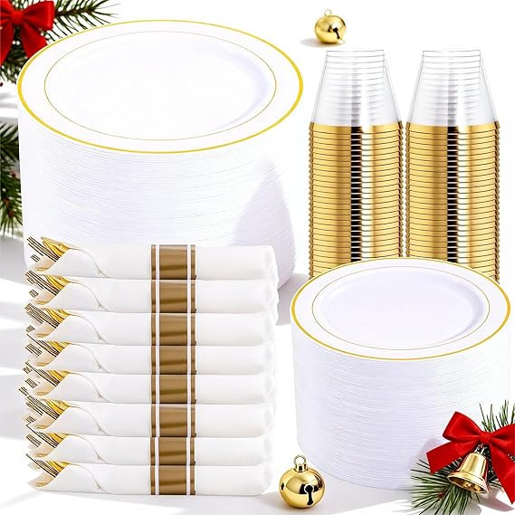 DaYammi 350PCS Gold Plastic Dinnerware Set for 50 Guests, Christmas Plates Disposable, Include: 5... | Amazon (US)