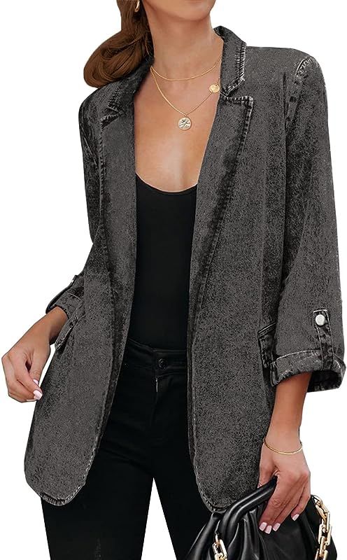 Vetinee Women's Open Front Denim Blazer Suit Lapel Washed Rolled Sleeve Jean Jacket Cardigan | Amazon (US)
