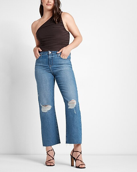 Mid Rise Medium Wash Ripped 90s Ankle Boot Jeans | Express