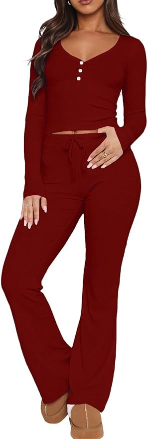 Ezbelle Women's Lounge Sets 2 Piece Outfits Long Sleeve Crop Button Down V Neck Shirt Knit Pajama... | Amazon (US)