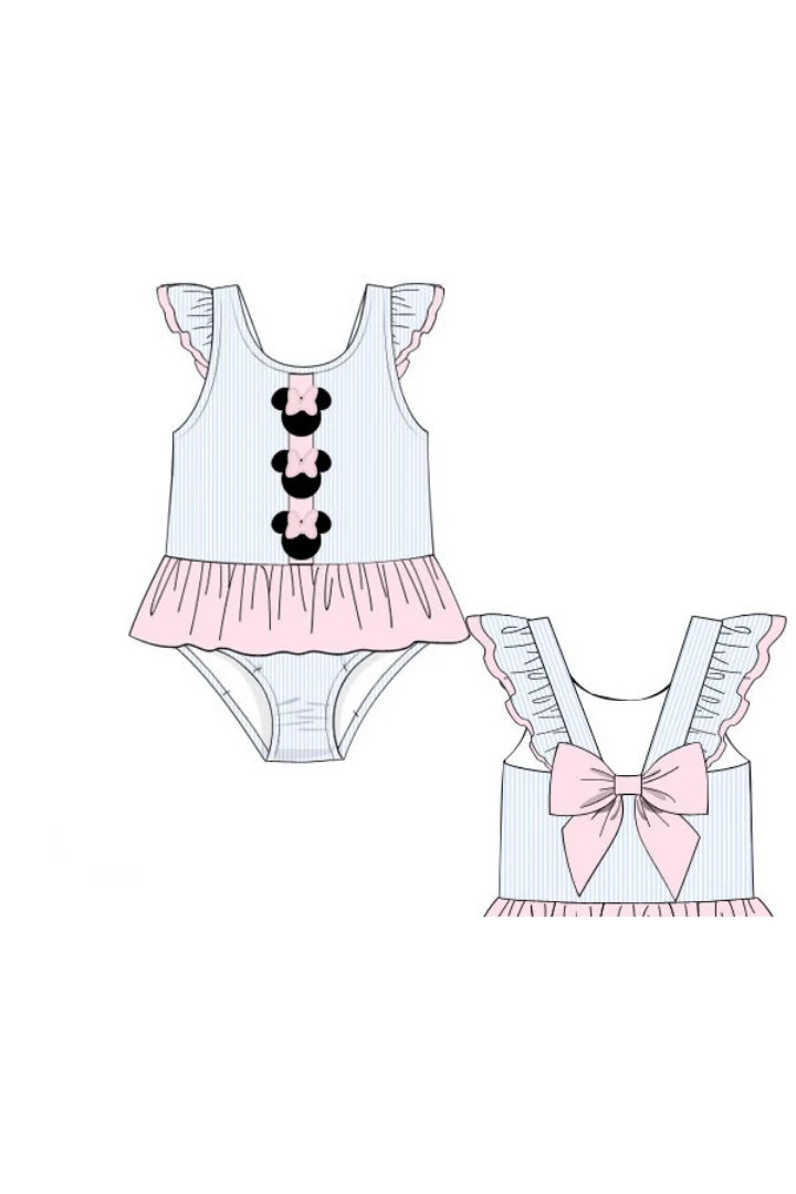 Pre-Order Blue Stripe Pink Ruffle Mouse Swimsuit | The Smocked Flamingo