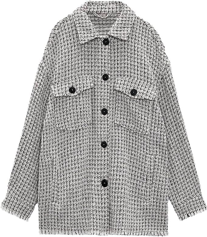 Women Plaid Textured Jacket Long Sleeve Casual Coat Pocket Lapel Loose Shirts Outerwear | Amazon (US)