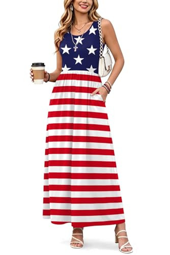 Womens July 4th High Waisted Patriotic Sleeveless Stripe Star Maxi Tank Dress with Pockets USA Fl... | Amazon (US)