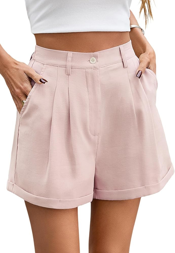 Allimy Womens Summer High Waisted Cuffed Shorts Back Elastic Waistband Pleated Linen Shorts with ... | Amazon (US)