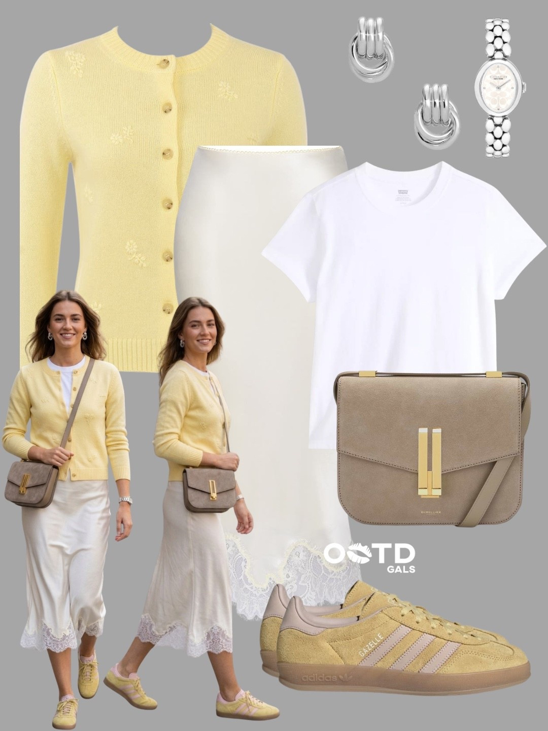 Soft Sunshine Energy 💛✨

Light, airy, and effortlessly feminine. This look blends soft yellow with creamy neutrals for that fresh, glowing vibe that feels both relaxed and elevated.

Easy elegance, every time.

✨ Style Details:
• Butter yellow cardigan for a soft pop of color  
• Satin midi skirt with lace trim for a delicate touch  
• Classic white tee layered underneath for balance  
• Yellow sneakers for a playful, casual twist  
• Taupe crossbody bag for a neutral anchor  
• Silver jewelry + watch for a clean, modern finish  

Soft tones, strong style 💫

#LTKStyle #LTKSpring #LTKCasual

#LTKootd #LTKgrwm