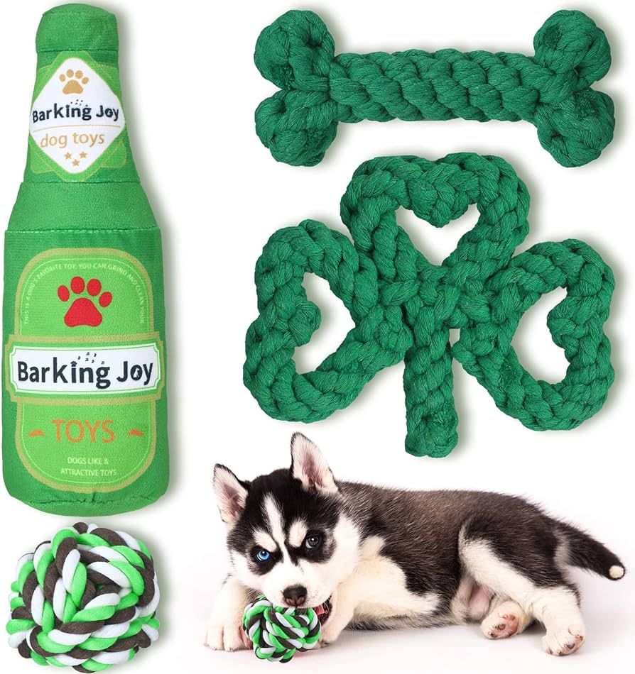 Civaner 4 Pcs St. Patrick's Day Dog Toys Green Shamrock Shaped Rope Dog Chew Toys Green Ball Beer... | Amazon (US)