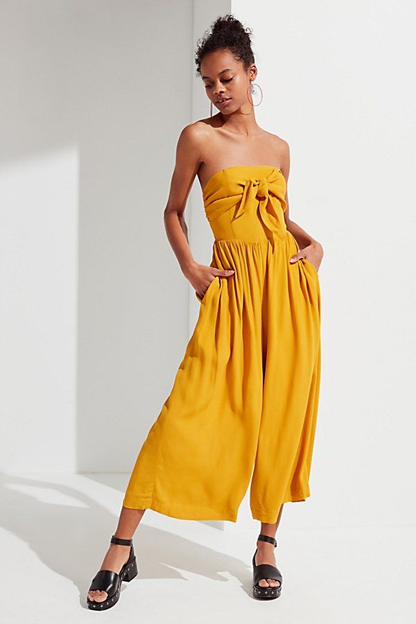 UO Candy Tie-Front Jumpsuit - Yellow XS at Urban Outfitters | Urban Outfitters (US and RoW)