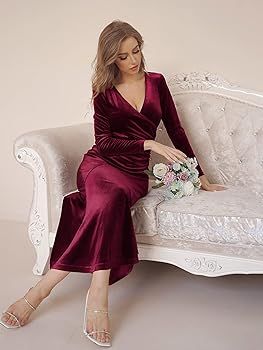 Women's V Neck Wrap Long Sleeve Elegant Mermaid Velvet Cocktail Maxi Dress Evening Party | Amazon (US)