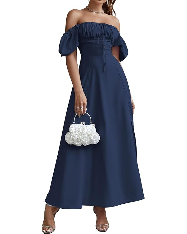 Women's Summer Puff Sleeve Floral Split Maxi Dress Flowy A Line Casual Beach Long Dresses 2024 | Amazon (US)