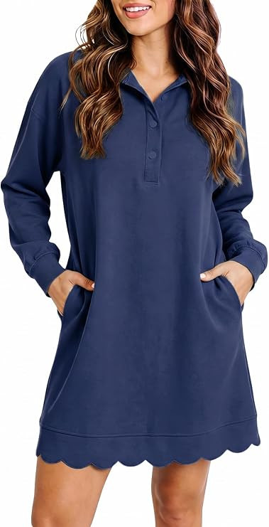 Fisoew Womens T Shirt Mini Dress Casual Long Sleeve V Neck Athletic Dresses | Scalloped Hem, Pock... | Amazon (US)