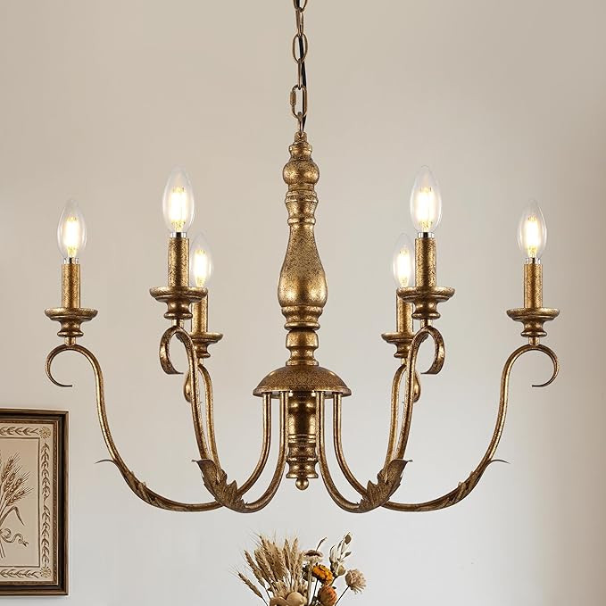 6-Light Rustic Farmhouse Chandelier, 24 Inch Vintage Brass Gold Hanging Pendant Light, Adjustable... | Amazon (US)