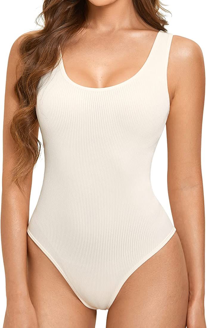 INLYRIC Women's Bodysuit Tank Tops Long Sleeve Sleeveless Slimming Ribbed Scoop Neck Body Suits C... | Amazon (US)