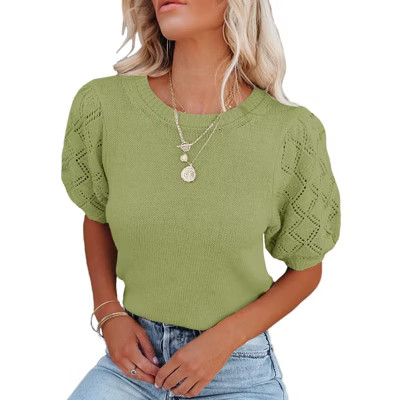 Women's Lightweight Short Sleeve Crewneck Sweaters Knit Pullover Tops with Casual Crochet Sleeve Blouse,Green - S | Target
