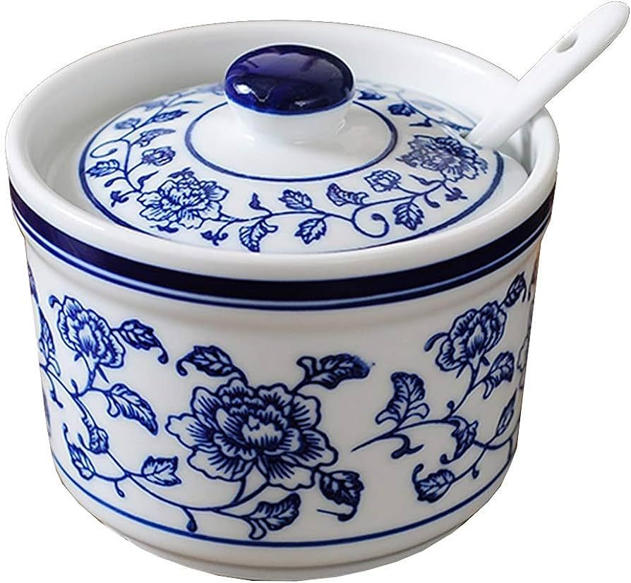 Retro Ceramic Blue and White Sugar Bowl Seasoning Pot Storage Jar with Lid, 8.0 Ounces | Amazon (US)