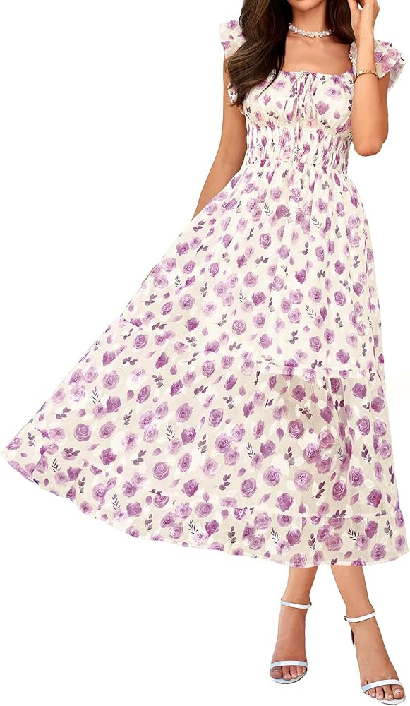GRACE KARIN Women's Summer Floral Midi Dress,Square Neck Wedding Guest Party Dresses,Ruffle Sleev... | Amazon (US)
