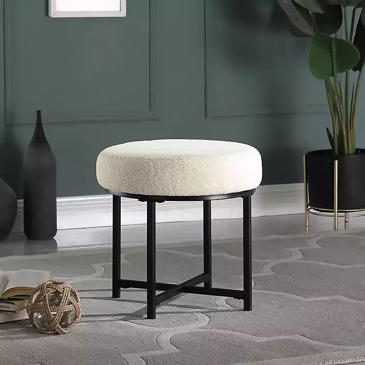 New! Cream Fluffy Faux Sheepskin Round Ottoman | Kirkland's Home