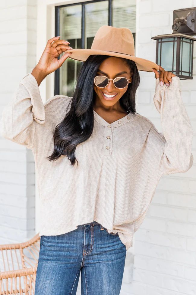 Sweet Invitation Taupe Henley Knit Blouse | The Pink Lily Boutique