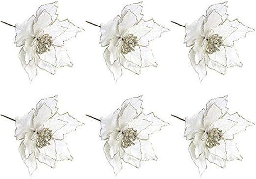 6Pcs Christmas Artificial Flowers,Silk Glitter Poinsettia Xmas Tree Ornaments,Faux Poinsettia DIY... | Amazon (US)