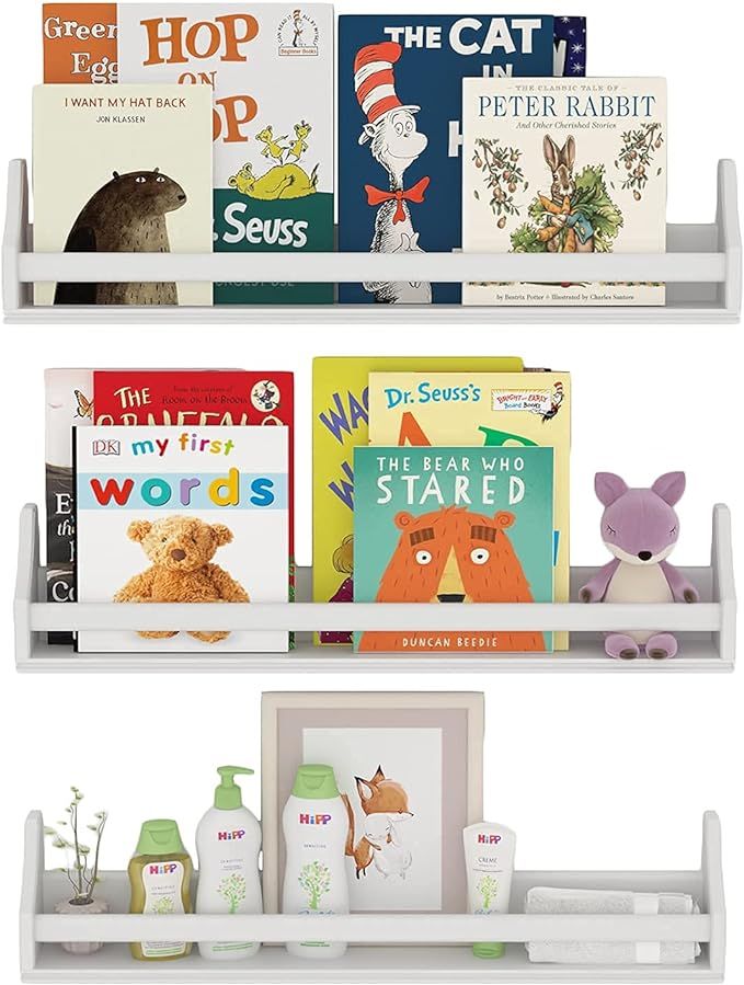 Nursery Décor Wall Shelves – 3 Shelf Set – White Long Crown Molding Floating Bookshelves for... | Amazon (US)