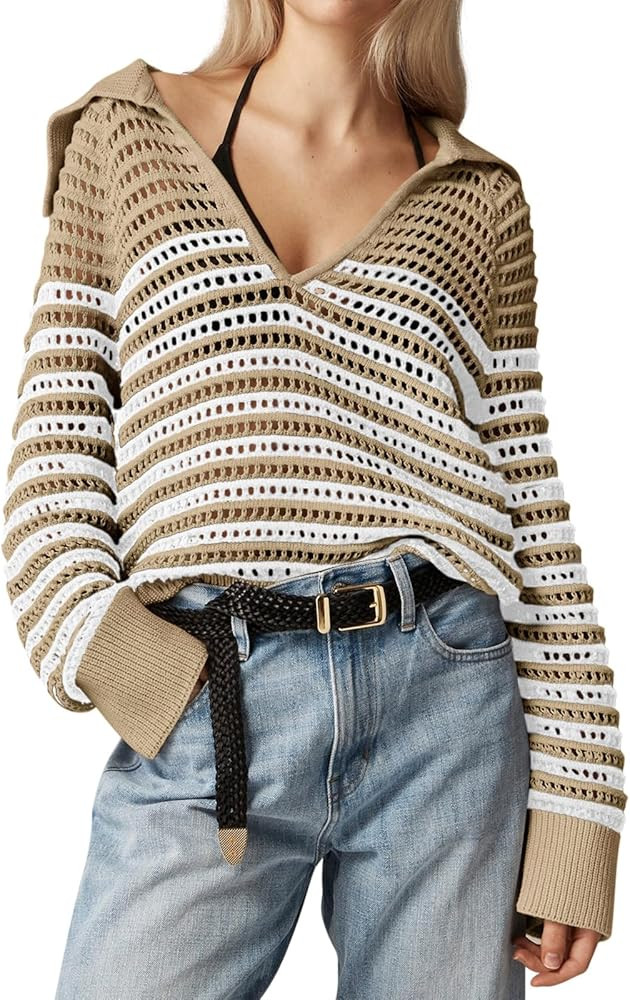 Saodimallsu Womens Crochet Striped Sweater Top Long Sleeve Spring Summer V Neck Collared Trendy L... | Amazon (US)
