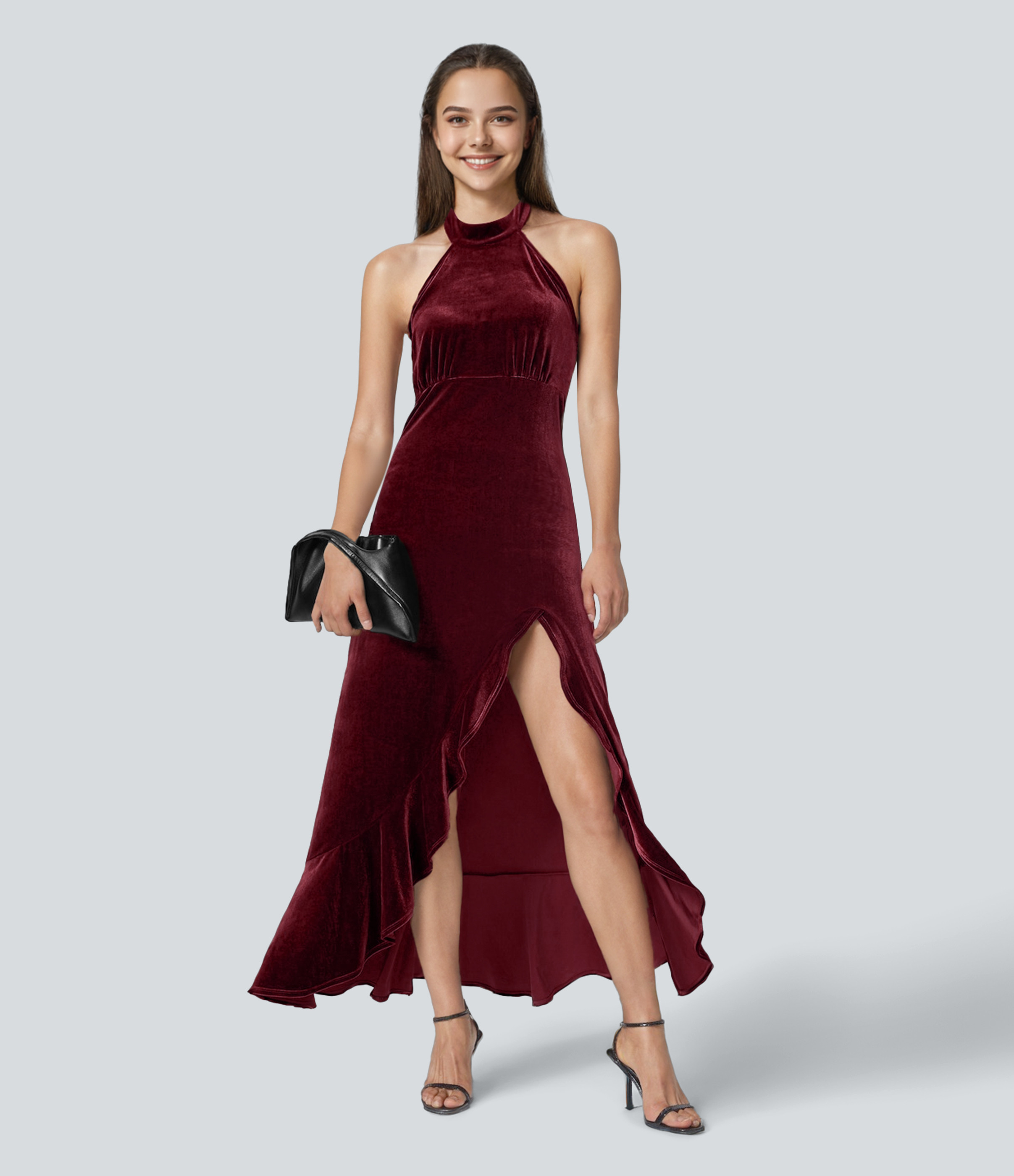 Halara Halter Neck Ruffle Hem Velvet Maxi Dress Casual Dress - Sangria - XL slip dress beach dress ruched dress halter dress exercise dress | HALARA