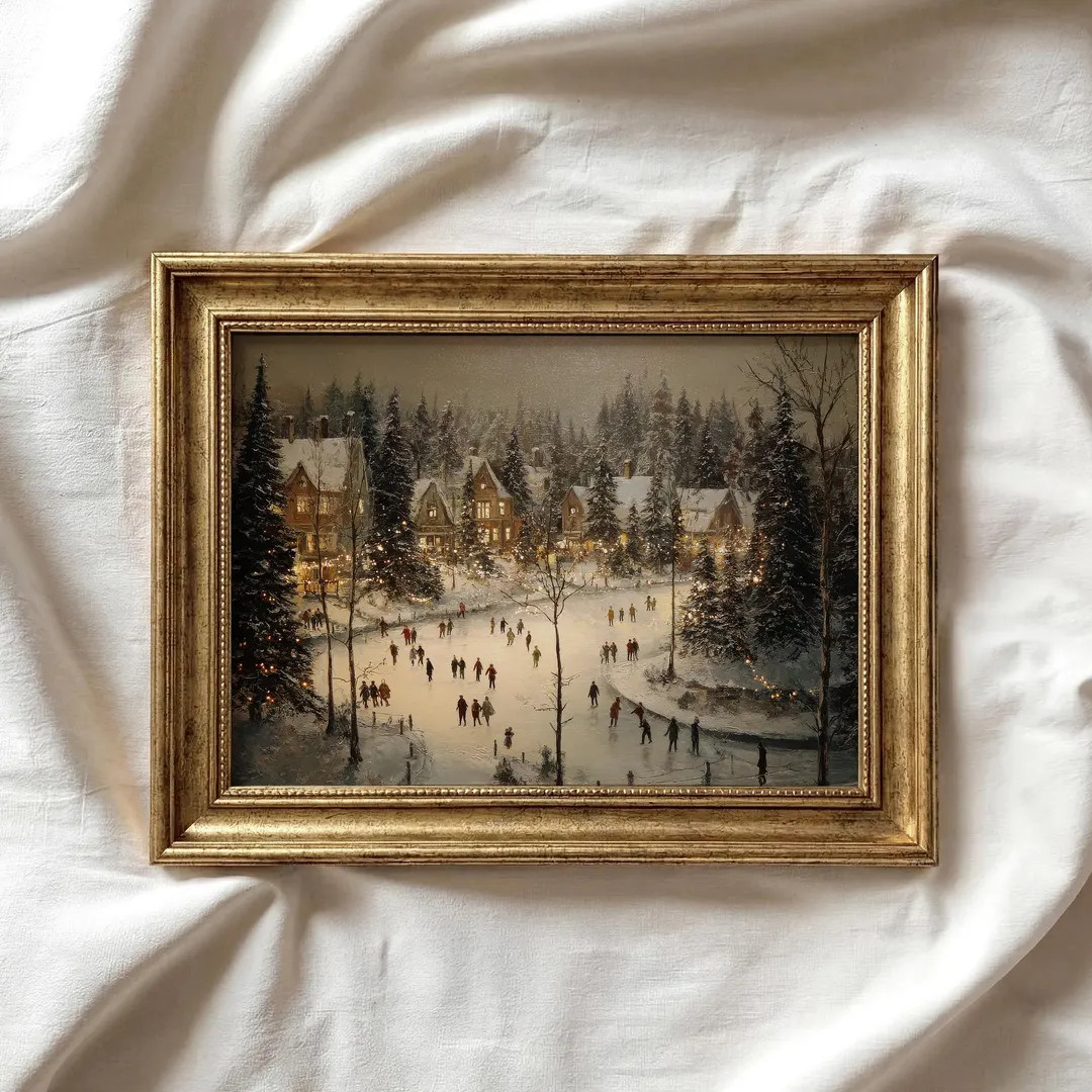 Night Ice Skating Print: Vintage Style Winter Village Landscape, Christmas Printable Art (P899) | Etsy (Global)