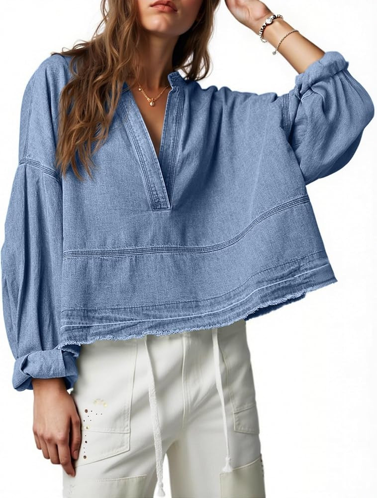 PLNOTME Womens Denim Tops Pullover Trendy Casual V Neck Loose Fit Puff Sleeve Jean Cotton Shirts | Amazon (US)