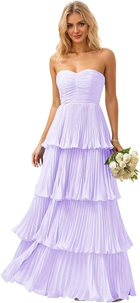 Mollyevers Strapless Ruffle Prom Dresses for Women Long Flowy Tiered Chiffon Formal Evening Gowns | Amazon (US)
