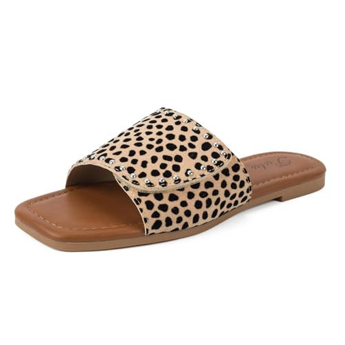 Putu Women's Flat Sandals Studded Slide Sandals Animal Print Western Sandals Leopard Size 5.5 | Amazon (US)