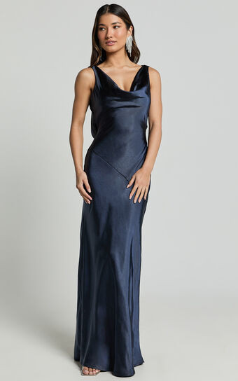 Adilah Maxi Dress - Cowl Neck Satin Dress in Navy | Showpo (US, UK & Europe)