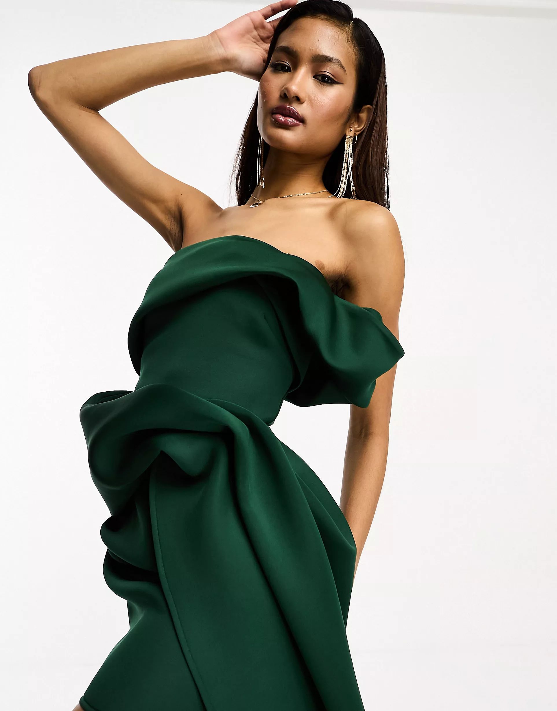 ASOS DESIGN one shoulder structured mini dress with train detail in forest green | ASOS | ASOS (Global)