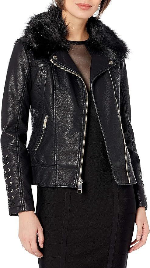 GUESS Women's Leather Moto Jacket with Removable Faux Fur Trim | Amazon (US)