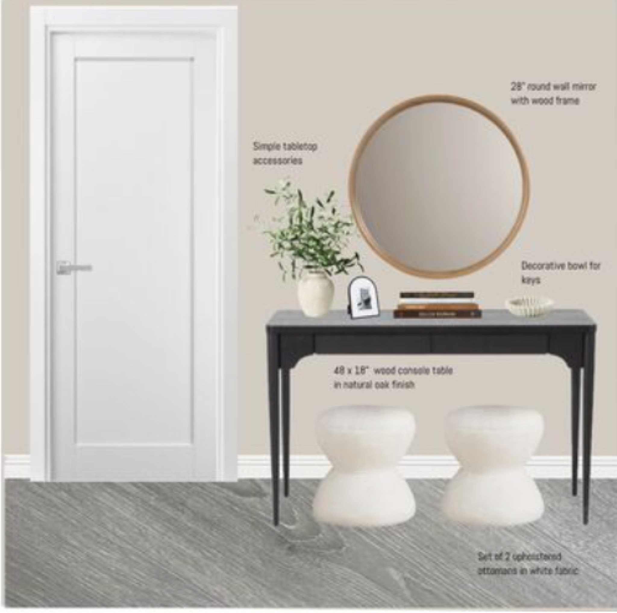 I had to show my client this option for her entryway. Small console table in a black wood finish with a large round mirror above. 

The mirror has a wood frame to contrast with the black console. 

How adorable and functional are these two footstools that fit under the console table!? 

#LTKFindsUnder100 #LTKHome #LTKSaleAlert