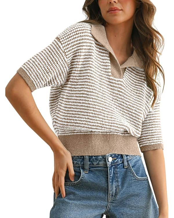 Womens Striped Cropped Sweater Short Puff Sleeve Fall Sweaters V Neck Tops Knit Casual Pullover S... | Amazon (US)