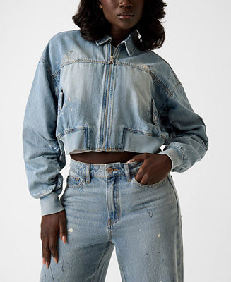 GUESS Women's Anna Collared Cropped Bomber Jacket - Macy's | Macy's