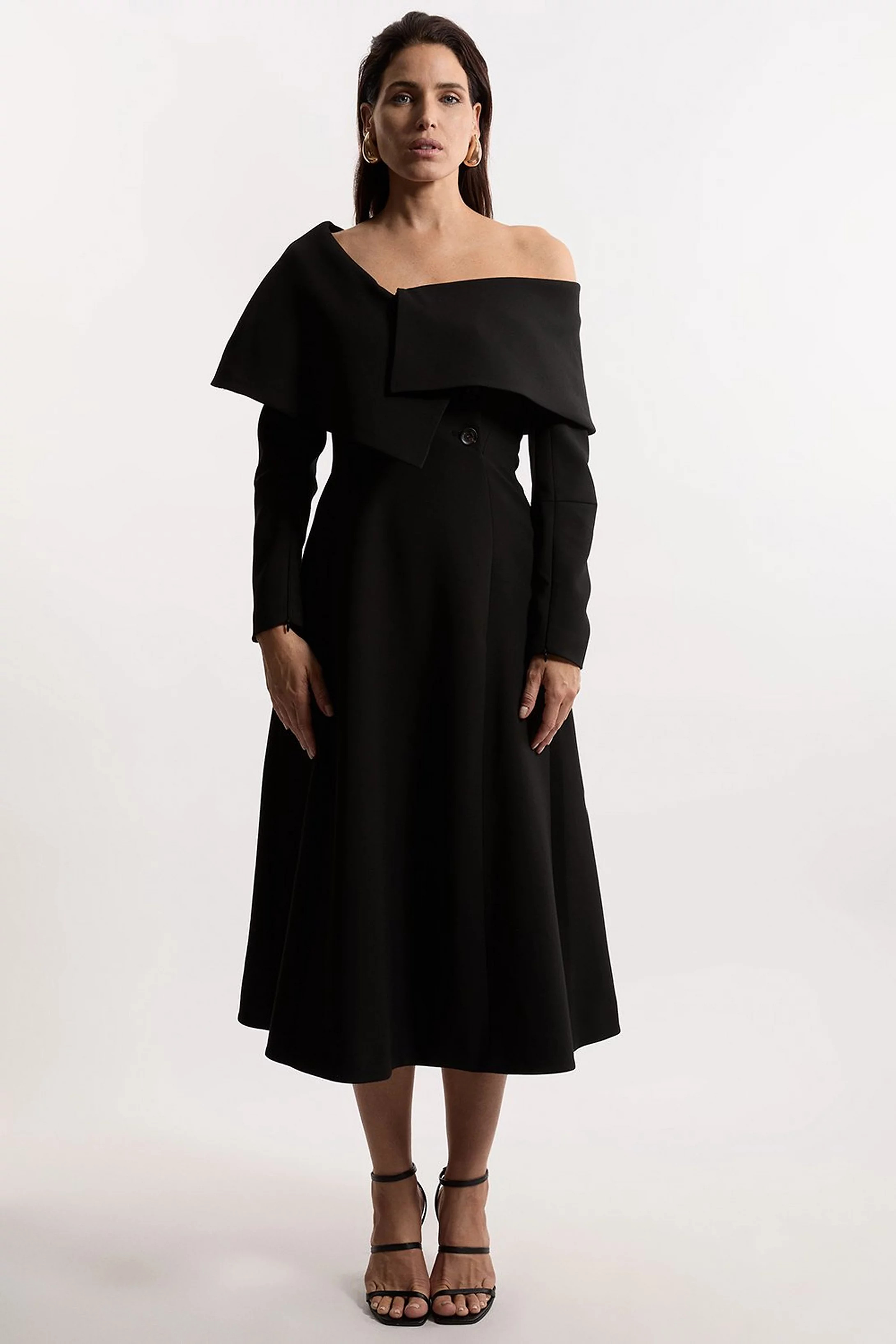 Compact Stretch Asymmetric Collar Long Sleeve Midaxi Dress | Karen Millen US
