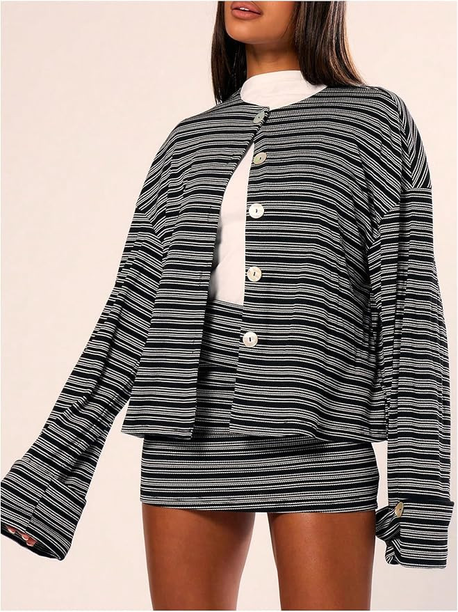 MakeMeChic Women's Striped Sweater Bell Sleeve Cardigan Oversized Crew Neck Button Down Y2K Tops | Amazon (US)