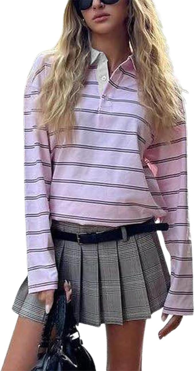 Women Striped Rugby Shirts Vintage Oversized Long Sleeve Collared Polo Shirt Y2k Button Up Pullov... | Amazon (US)