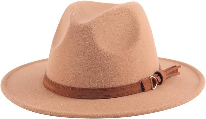 Lanzom Women Men Retro Style Wide Brim Panama Hat Belt Buckle Wool Fedora Hat | Amazon (US)